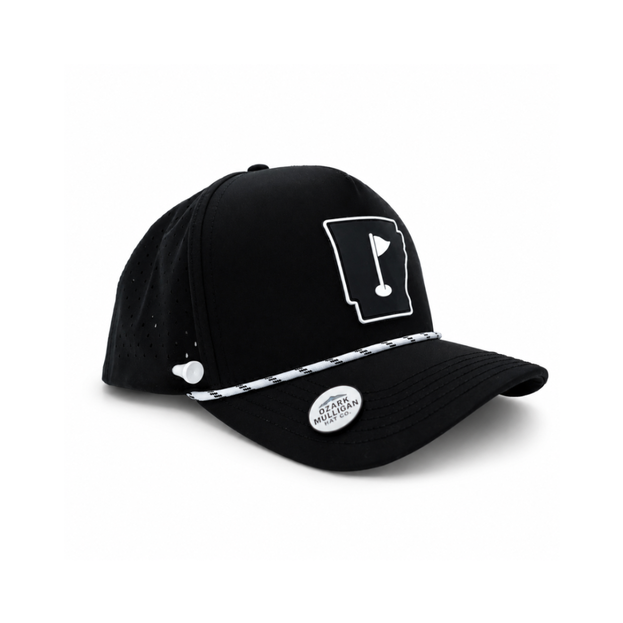 A black baseball cap with a white outline of the state of Arkansas on the front, featuring a white and black patterned stripe across the brim and a round silver brand badge.
