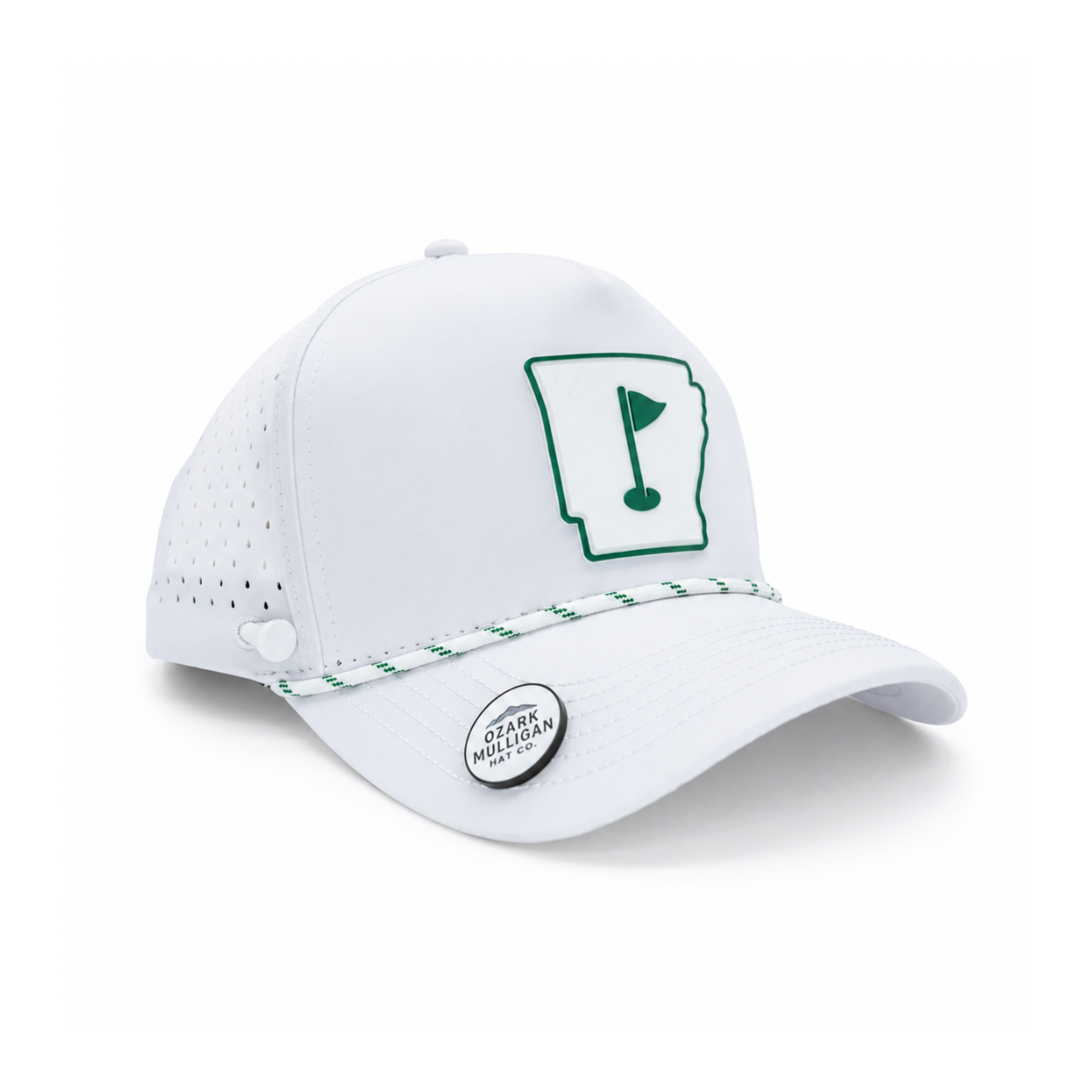 A white structured baseball cap with green embroidered details, featuring an outline of the state of Arkansas with a golf flag on the front and a green-and-white braided trim across the brim.