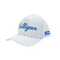 A white golf cap with blue embroidered script reading 'Mulligan' on the front, perforated side panels, a blue-and-white braided trim under the brim, and a blue 'OZM' patch on the side, photographed on a clean white studio background.