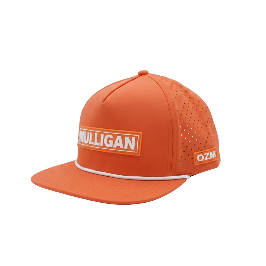 An orange snapback cap with a white embroidered 'MULLIGAN' logo on the front and 'OZM' on the side, set against a plain light gray background.