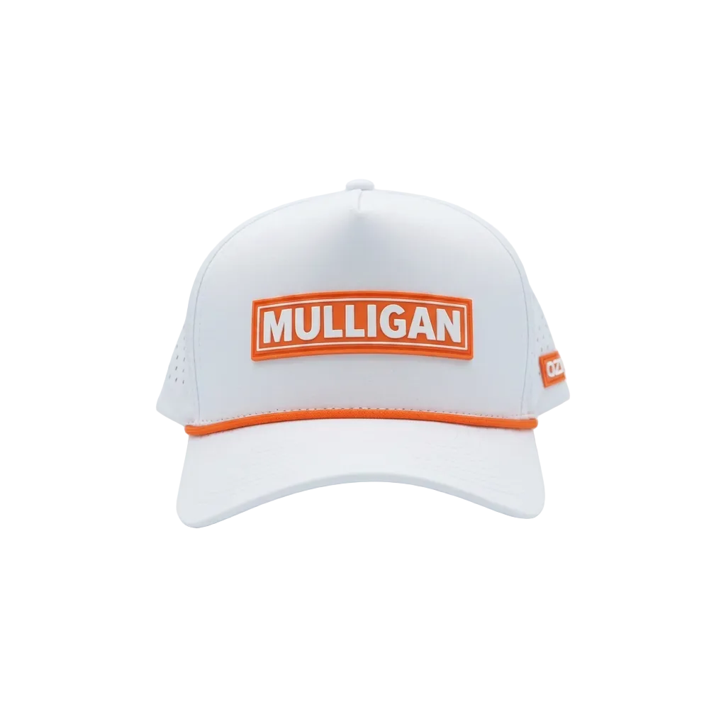 A white golf cap with a prominent orange rectangular patch on the front that reads 'MULLIGAN' in white letters, plus an orange accent line along the brim and side.