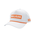 A white golf cap with bright orange trim and a prominent orange rectangular patch on the front that reads 'MULLIGAN' in white. The side panel has perforated holes, and a small orange patch on the back edge shows 'OZM'.