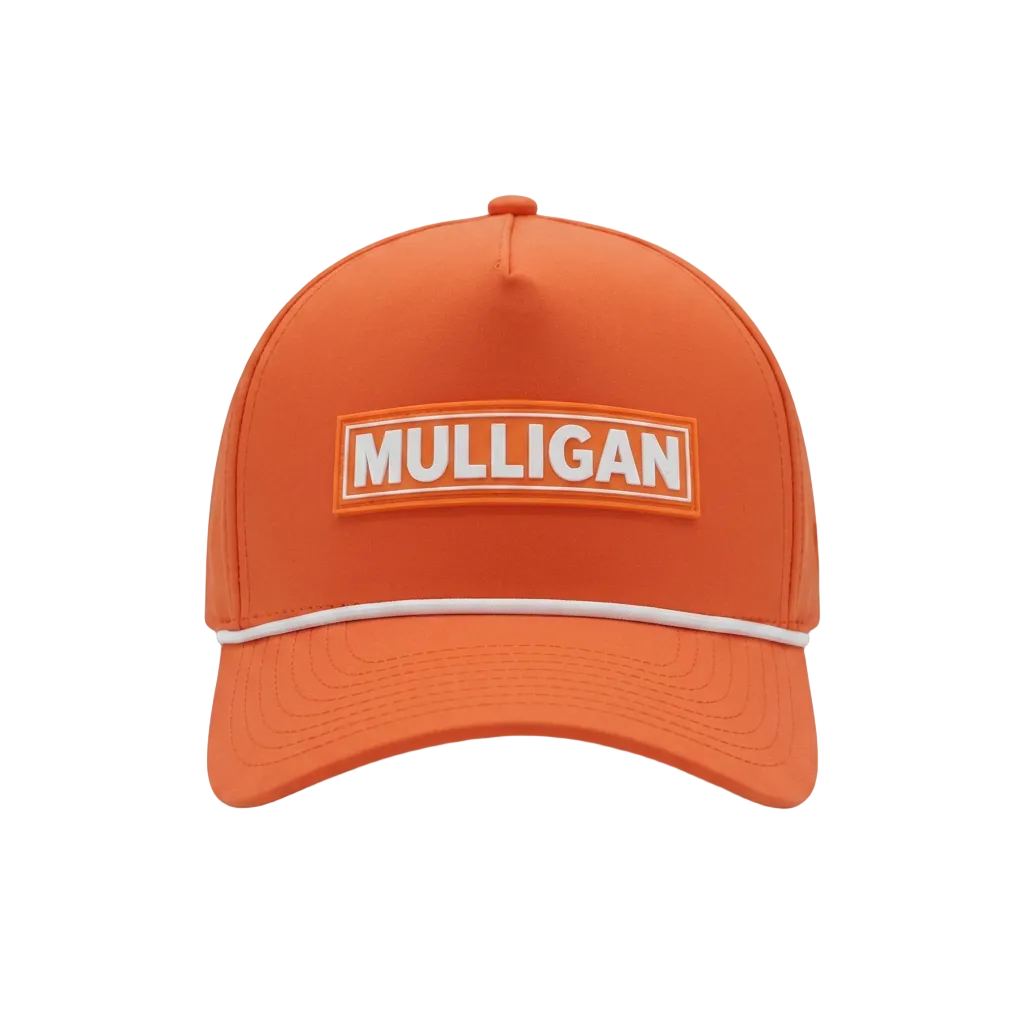 An orange golf cap with a white embroidered 'MULLIGAN' logo patch on the front, set against a plain white background.