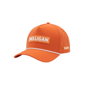 An orange golf cap with a white stripe on the brim, featuring a white and orange 'MULLIGAN' patch on the front and a small 'OZM' patch on the side, set against a plain white background.