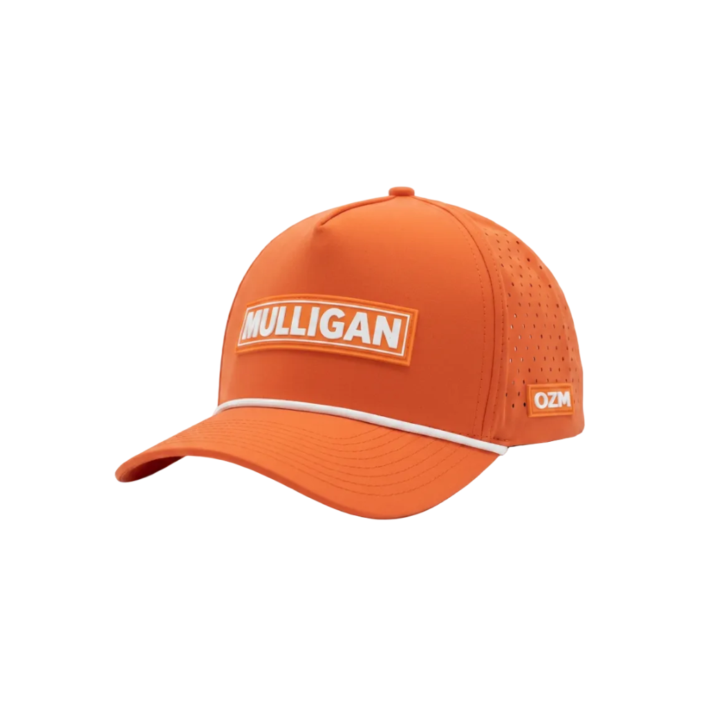 An orange golf cap with a white stripe on the brim, featuring a white and orange 'MULLIGAN' patch on the front and a small 'OZM' patch on the side, set against a plain white background.
