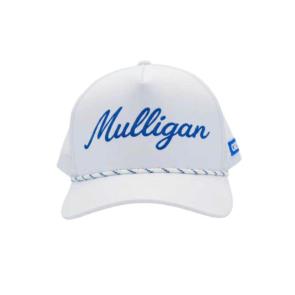 A white golf cap with 'Mulligan' embroidered in blue script on the front, a blue and white braided rope detail across the brim, and a small blue side tag, shown on a light gray studio background.