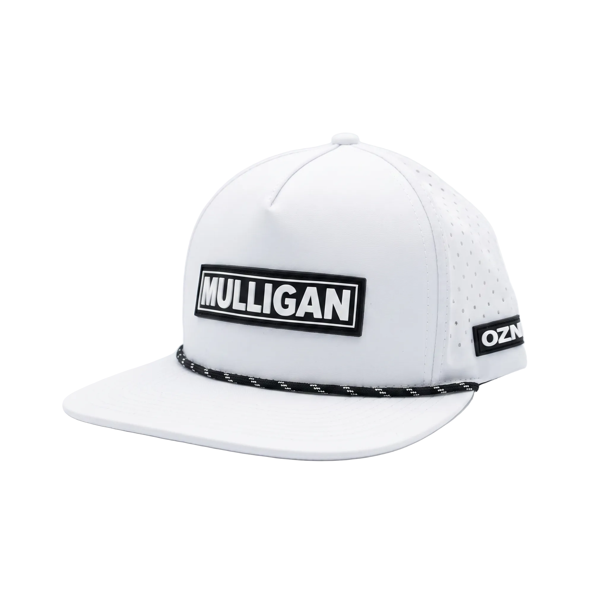 A white flat-brim snapback cap with a black and white braided rope detail under the brim, featuring a rectangular black patch on the front with the word 'MULLIGAN' in white, and a small black patch on the side with 'OZM'.